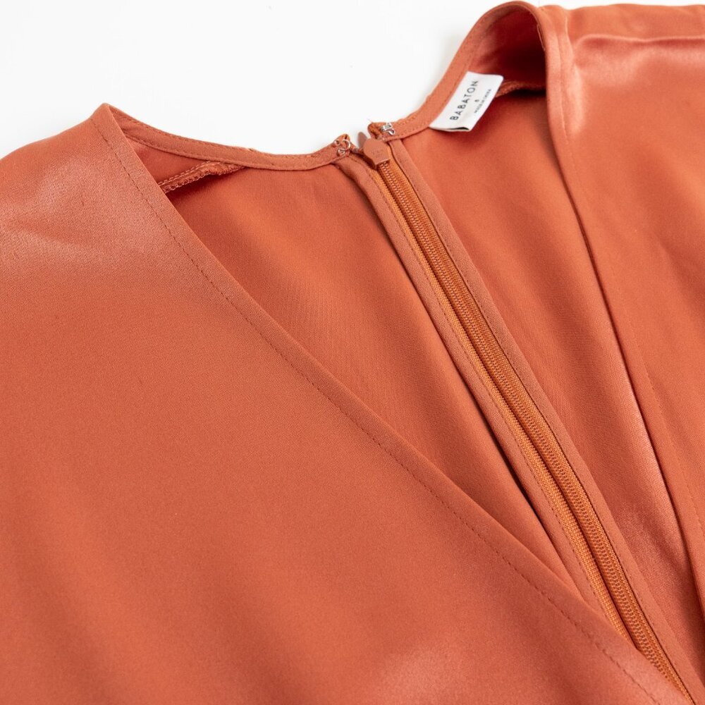 Aritzia Babaton Satin Dress Stanley Kimono Style Faux Wrap Burnt Orange  Copper - Picture 6 of 15